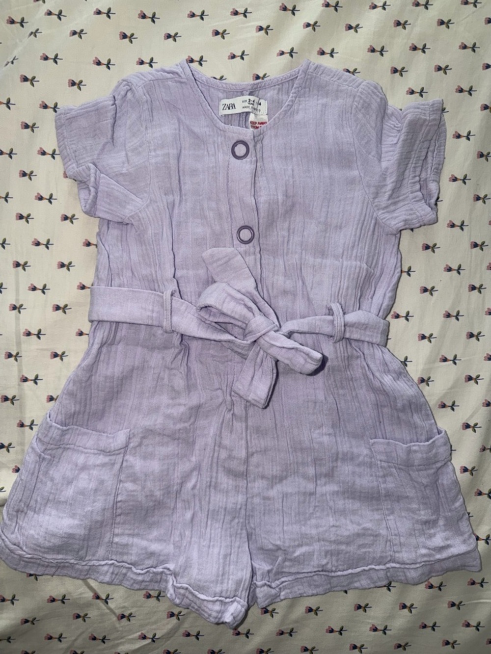Zara Lilac Girls' Gauze Short Romper with Tie Belt